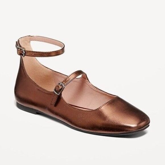 Old Navy Shoes - NWT Old Navy Double Strap Faux Leather Metallic Bronze Mary Jane Flats Size 7.5